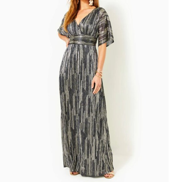 Parigi maxi dress, True Navy x Gold Metallic Rope Stripe Crinkle Knit, size M - Picture 2 of 4